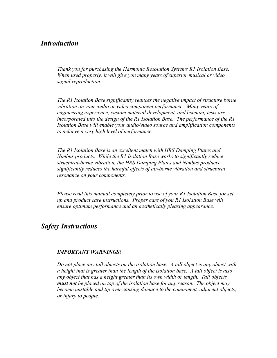 Introduction, Safety instructions | Harmonic Resolution Systems R1 Isolation Base User Manual | Page 2 / 9