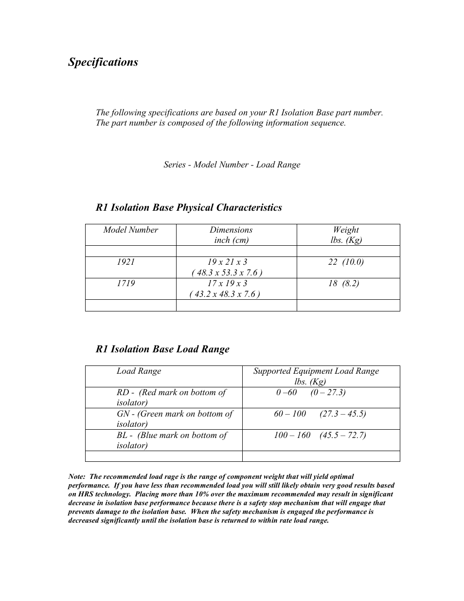 Specifications | Harmonic Resolution Systems R1 Isolation Base User Manual | Page 5 / 9