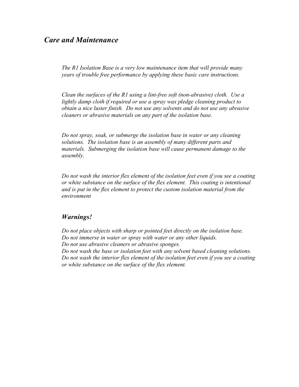 Care and maintenance | Harmonic Resolution Systems R1 Isolation Base User Manual | Page 6 / 9