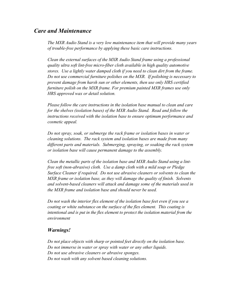 Care and maintenance | Harmonic Resolution Systems MXR Audio Stand User Manual | Page 19 / 22