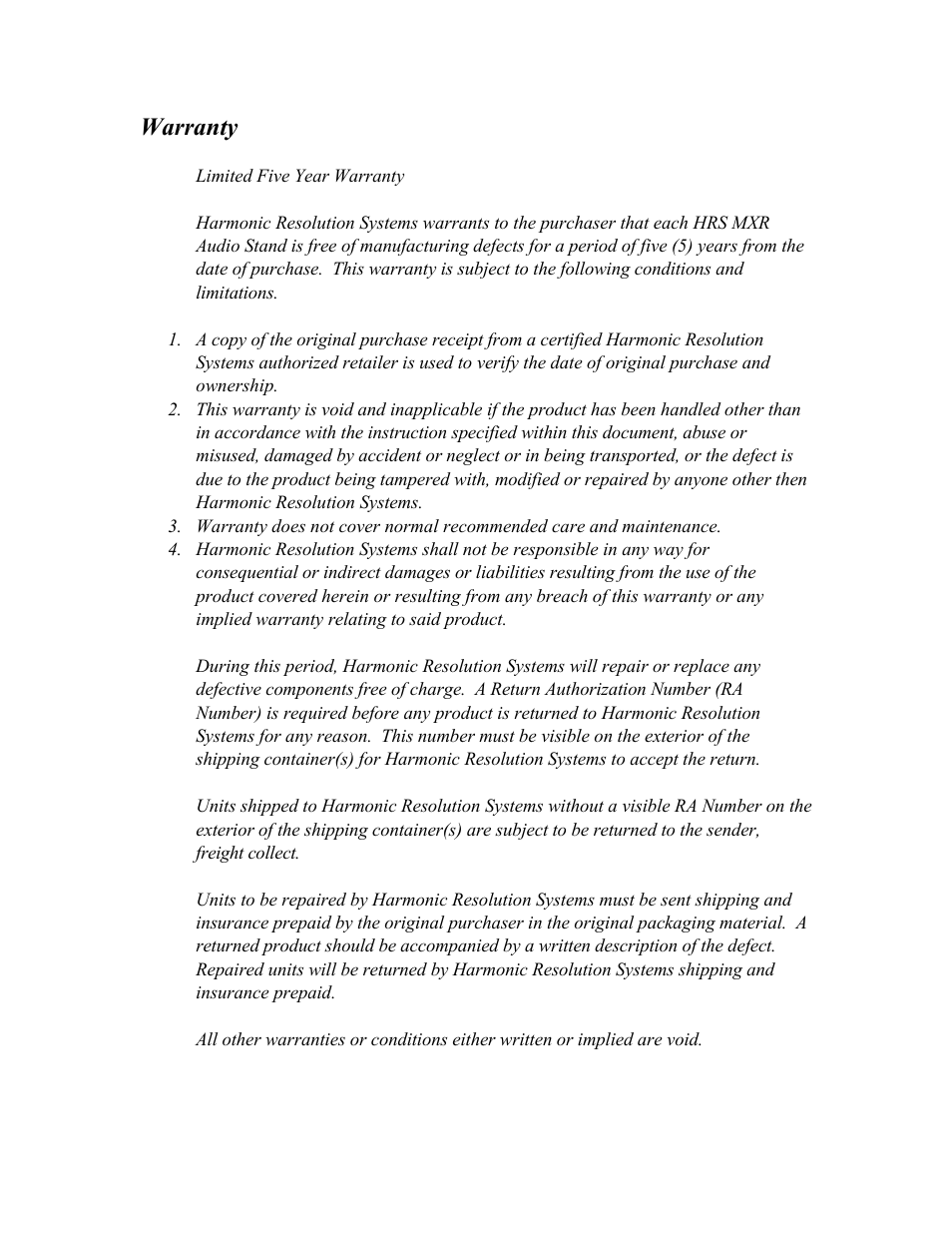 Warranty | Harmonic Resolution Systems MXR Audio Stand User Manual | Page 21 / 22
