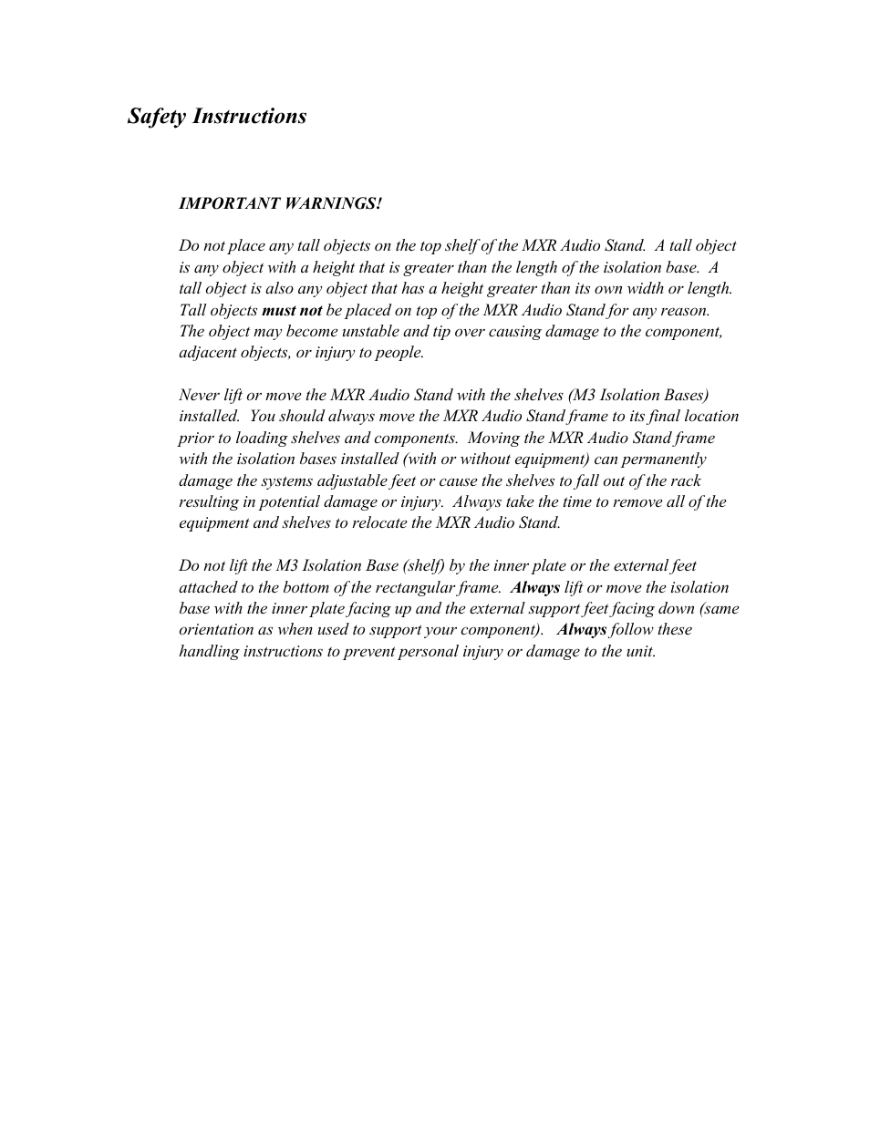 Safety instructions | Harmonic Resolution Systems MXR Audio Stand User Manual | Page 4 / 22