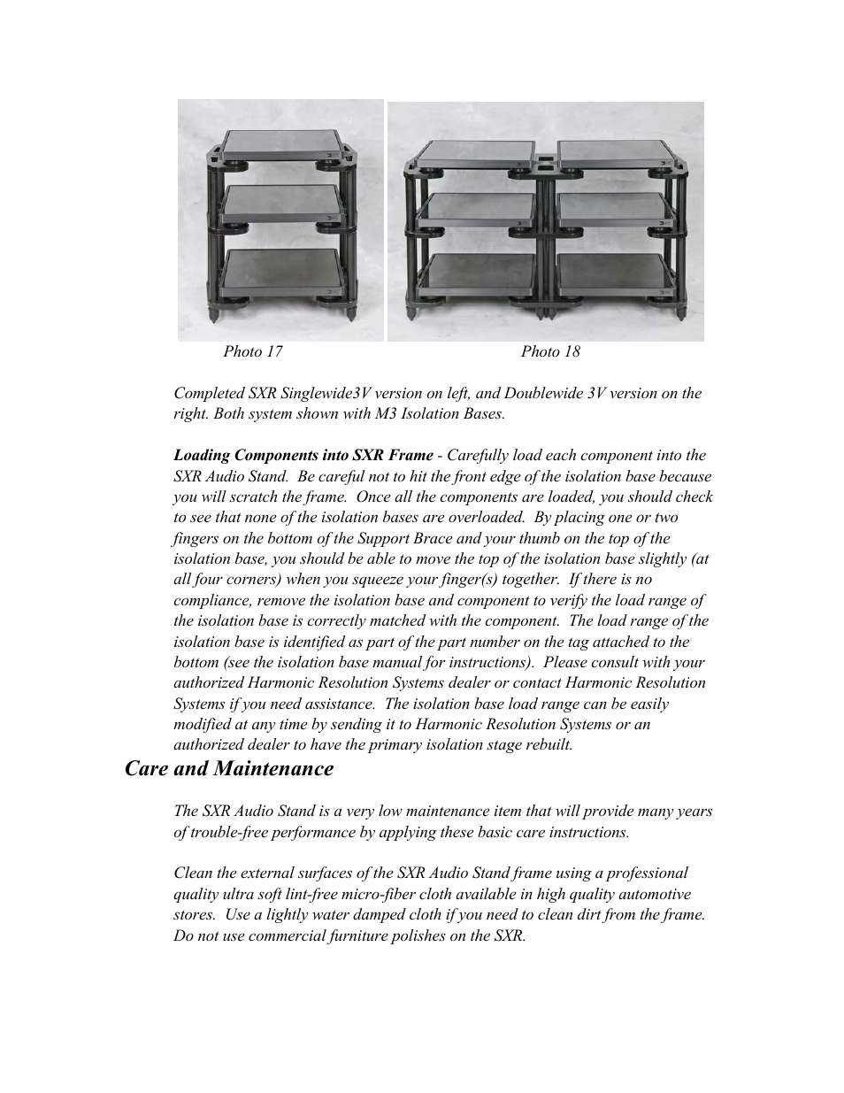 Care and maintenance | Harmonic Resolution Systems SXR Audio Stand User Manual | Page 17 / 20
