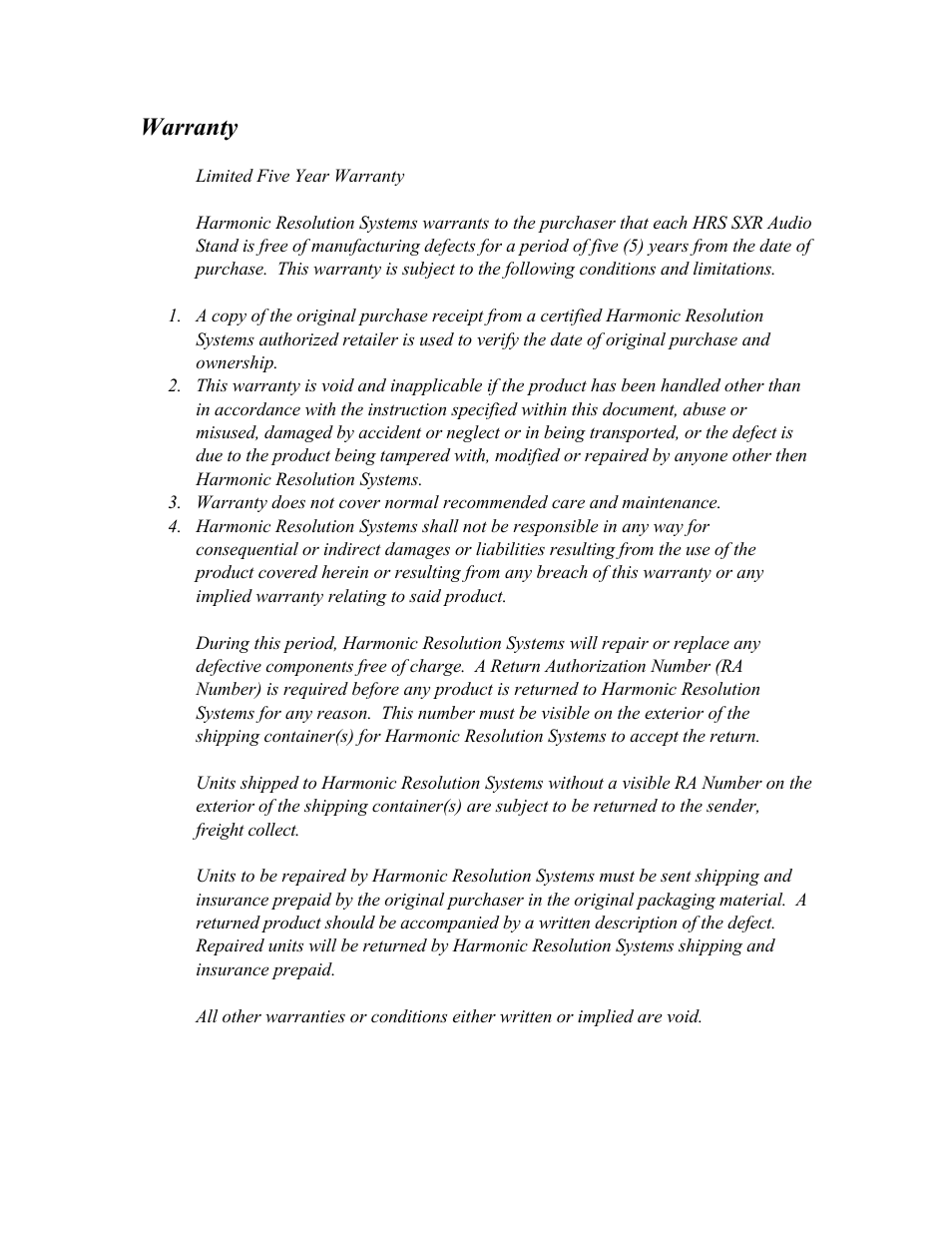 Warranty | Harmonic Resolution Systems SXR Audio Stand User Manual | Page 19 / 20