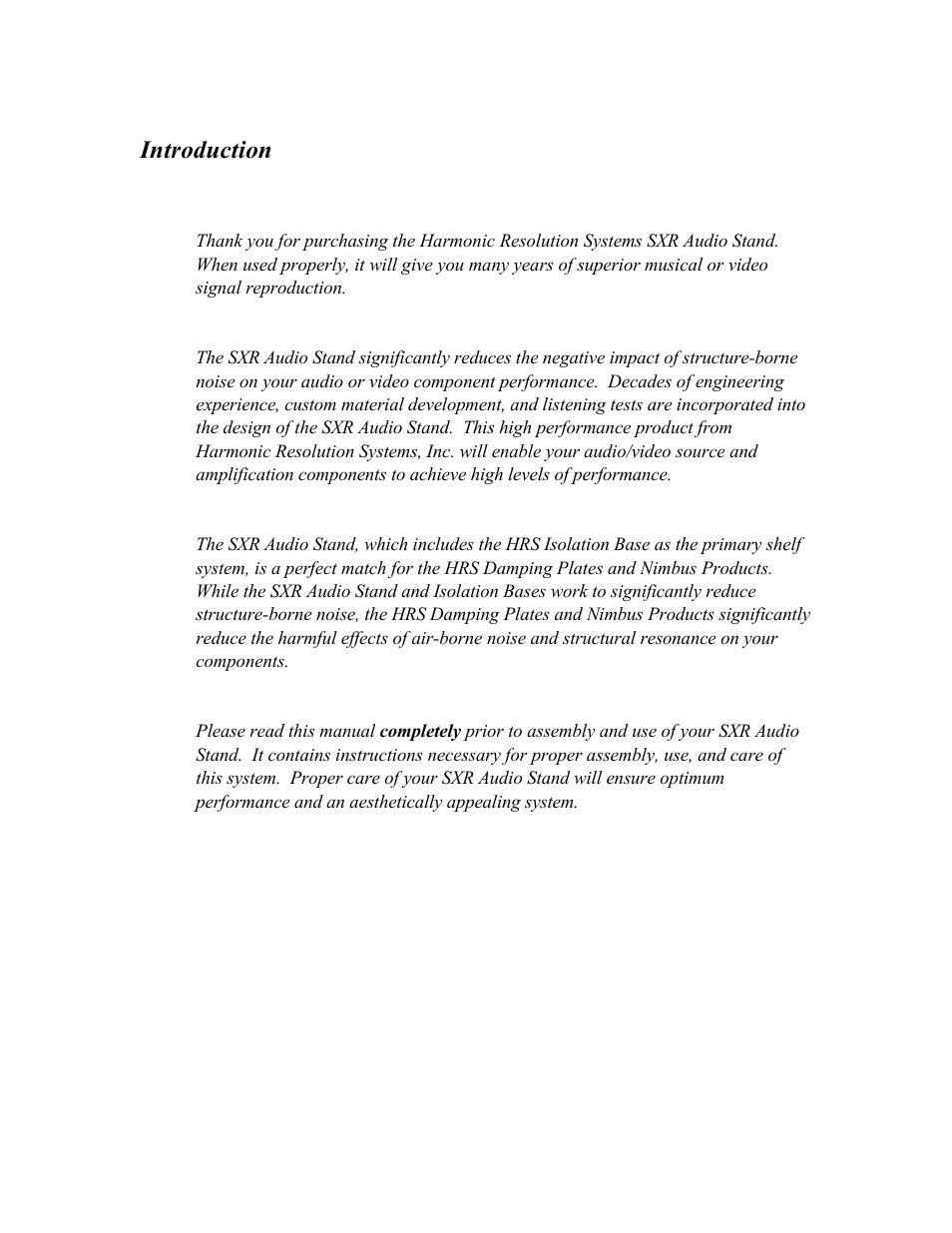 Introduction | Harmonic Resolution Systems SXR Audio Stand User Manual | Page 3 / 20