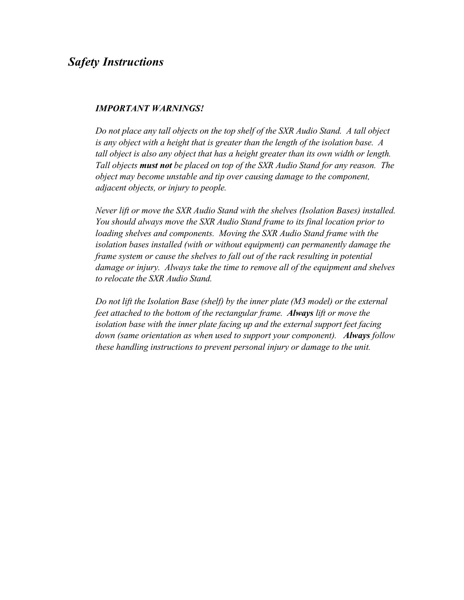 Safety instructions | Harmonic Resolution Systems SXR Audio Stand User Manual | Page 4 / 20