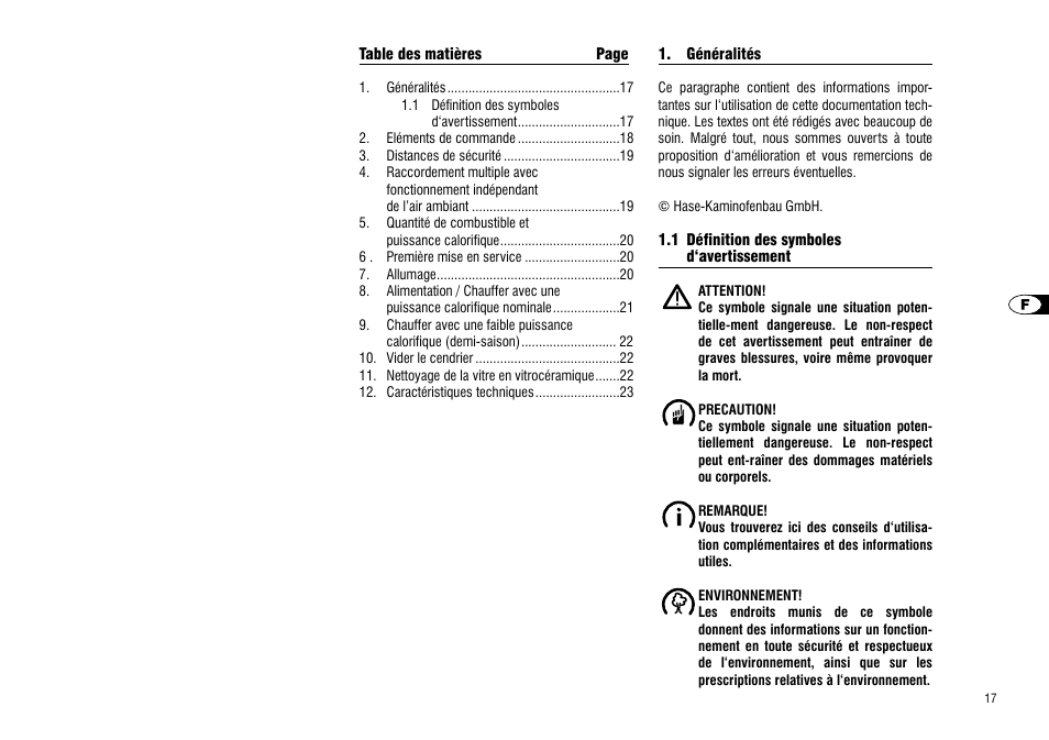 Généralités, 1 définition des symboles, D‘avertissement | Hase Cartago User Manual | Page 17 / 48