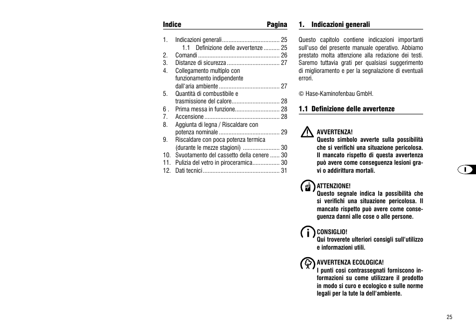 Indicazioni generali, 1 definizione delle avvertenze | Hase Cartago User Manual | Page 25 / 48