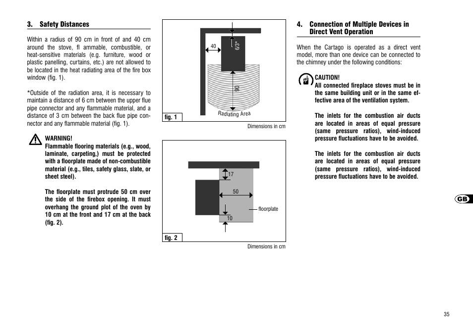 Safety distances, Direct vent operation | Hase Cartago User Manual | Page 35 / 48
