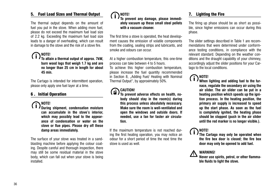 Fuel load sizes and thermal output, 6 . initial operation | Hase Cartago User Manual | Page 36 / 48