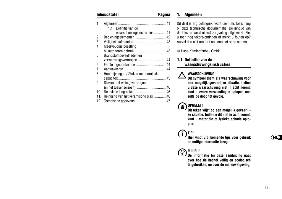 Algemeen, 1 definitie van de, Waarschuwingsinstructies | Hase Cartago User Manual | Page 41 / 48