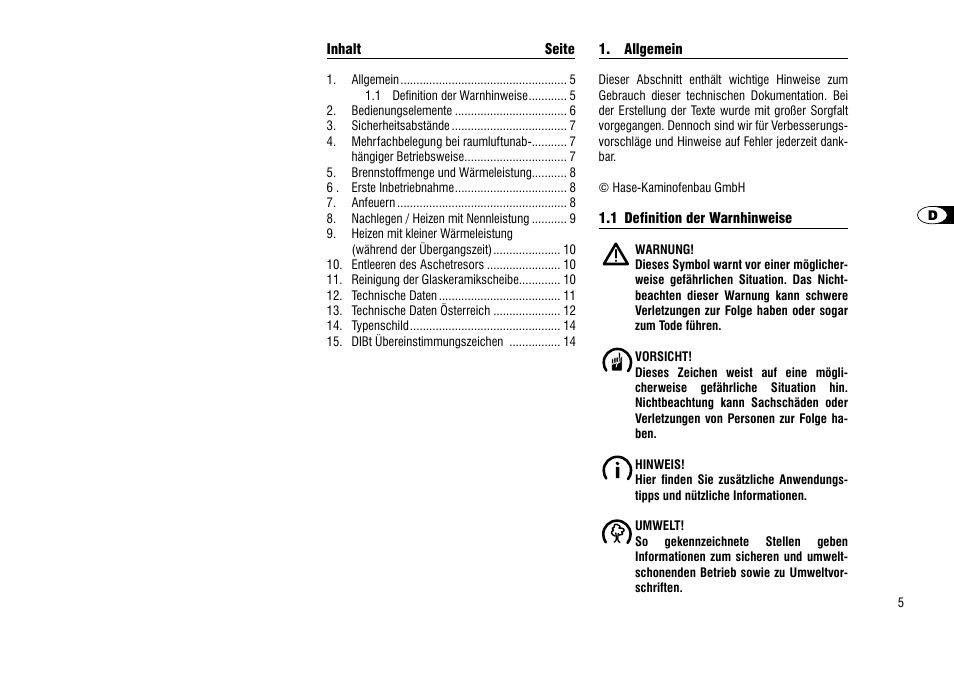 Allgemein, 1 definition der warnhinweise | Hase Cartago User Manual | Page 5 / 48