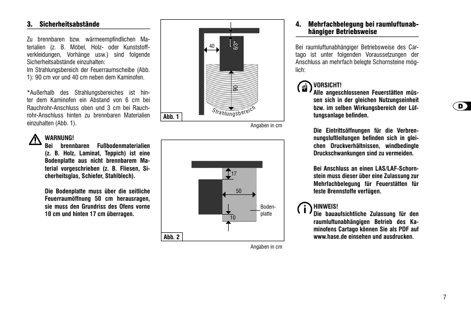 Sicherheitsabstände, Mehrfachbelegung bei raumluftunab, Hängiger betriebsweise | Hase Cartago User Manual | Page 7 / 48