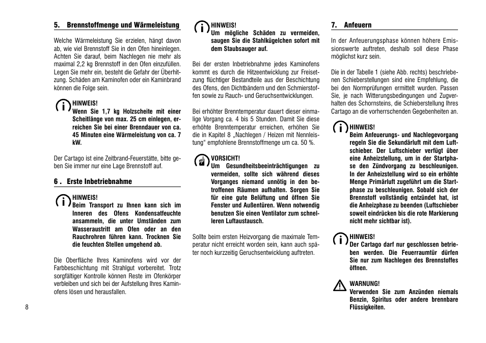 Brennstoffmenge und wärmeleistung, 6 . erste inbetriebnahme | Hase Cartago User Manual | Page 8 / 48