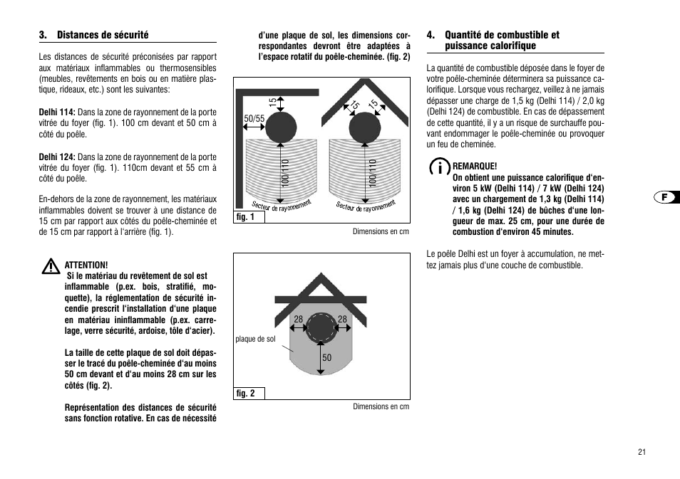 Distances de sécurité, Quantité de combustible et puissance calorifique, Puissance calorifique | Hase Delhi User Manual | Page 21 / 60