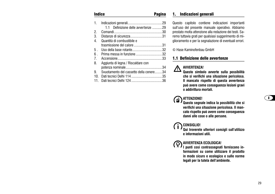 Indicazioni generali, 1 definizione delle avvertenze | Hase Delhi User Manual | Page 29 / 60