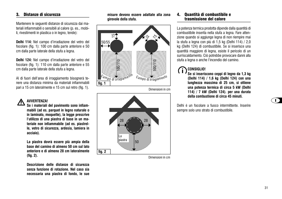 Distanze di sicurezza, Quantità di combustibile e, Trasmissione del calore | Hase Delhi User Manual | Page 31 / 60