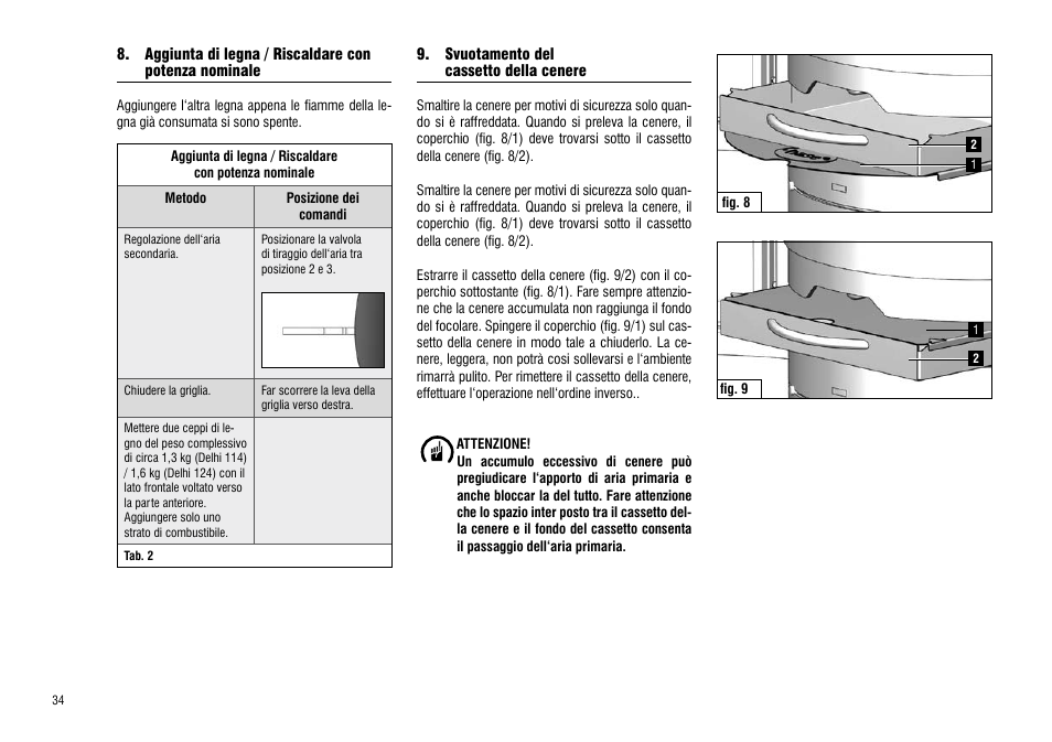 Aggiunta di legna / riscaldare con, Potenza nominale, Svuotamento del cassetto della cenere | Hase Delhi User Manual | Page 34 / 60