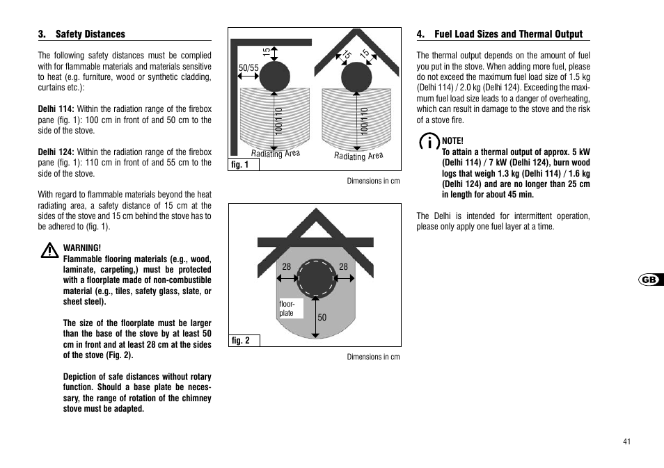 Safety distances, Fuel load sizes and thermal output | Hase Delhi User Manual | Page 41 / 60