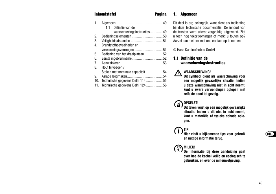 Algemeen, 1 definitie van de, Waarschuwingsinstructies | Hase Delhi User Manual | Page 49 / 60