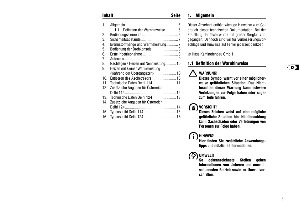 Allgemein, 1 definition der warnhinweise | Hase Delhi User Manual | Page 5 / 60