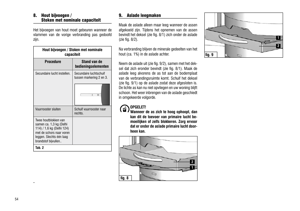 Hout bijvoegen, Stoken met nominale capaciteit, Aslade leegmaken | Hase Delhi User Manual | Page 54 / 60