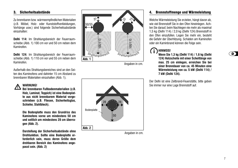 Sicherheitsabstände, Brennstoffmenge und wärmeleistung | Hase Delhi User Manual | Page 7 / 60