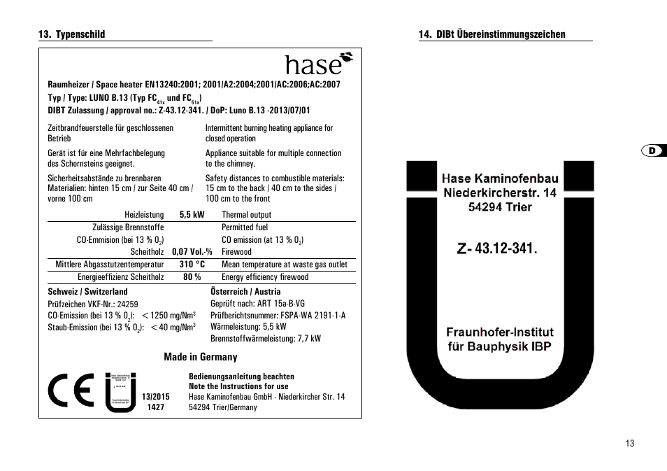 Typenschild, Dibt übereinstimmungszeichen, Typenschild 14. dibt übereinstimmungszeichen | Made in germany | Hase Luno User Manual | Page 13 / 56