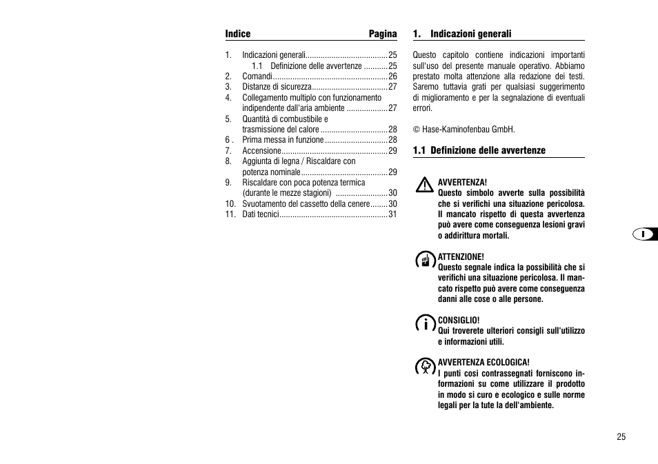 Indicazioni generali, 1 definizione delle avvertenze | Hase Luno User Manual | Page 25 / 56