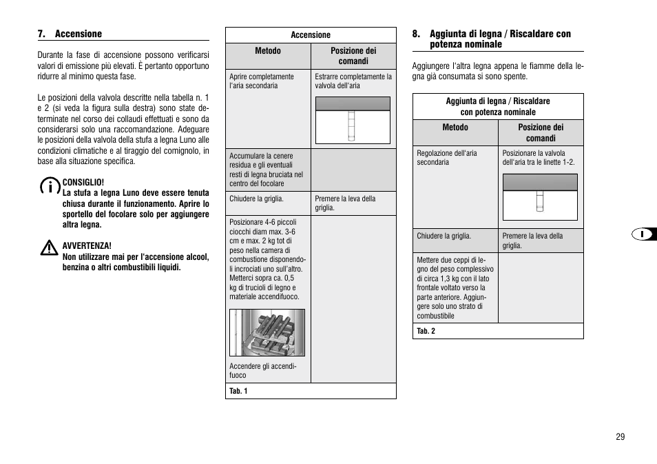 Accensione, Aggiunta di legna / riscaldare con, Potenza nominale | Accensione 8. aggiunta di legna / riscaldare con | Hase Luno User Manual | Page 29 / 56