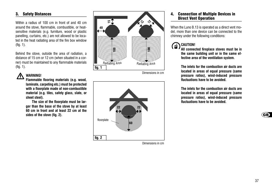 Safety distances, Direct vent operation | Hase Luno User Manual | Page 37 / 56