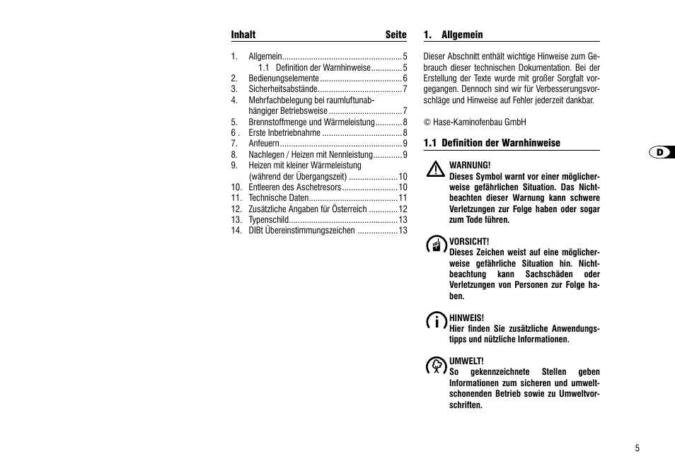 Allgemein, 1 definition der warnhinweise | Hase Luno User Manual | Page 5 / 56