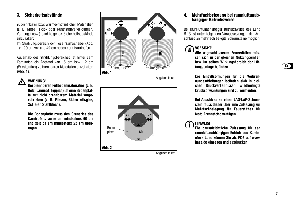 Sicherheitsabstände, Mehrfachbelegung bei raumluftunab, Hängiger betriebsweise | Hase Luno User Manual | Page 7 / 56