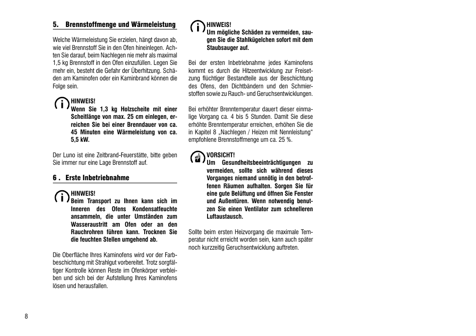 Brennstoffmenge und wärmeleistung, 6 . erste inbetriebnahme | Hase Luno User Manual | Page 8 / 56