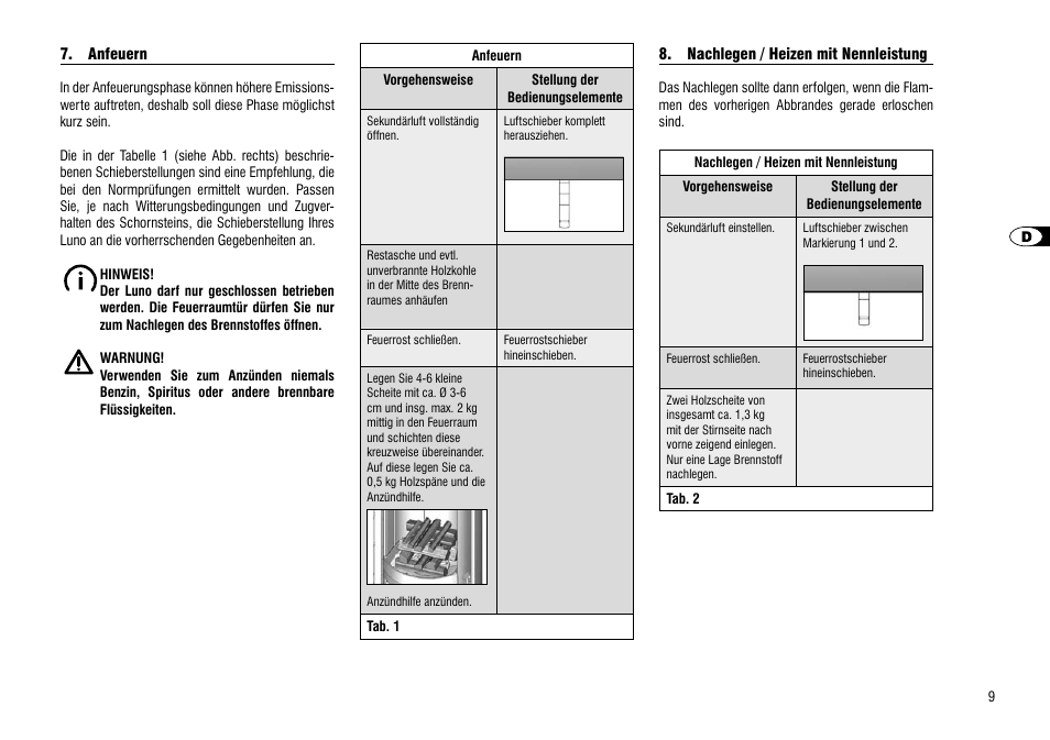 Anfeuern, Nachlegen / heizen mit nennleistung, Anfeuern 8. nachlegen / heizen mit nennleistung | Hase Luno User Manual | Page 9 / 56