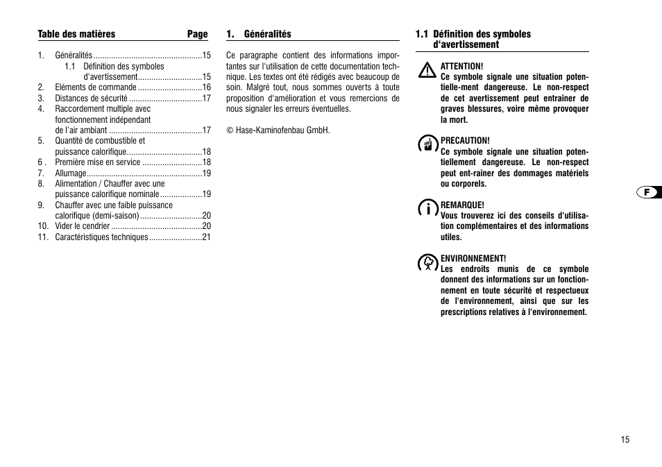 Généralités, 1 définition des symboles, D‘avertissement | Hase Asmara User Manual | Page 15 / 48