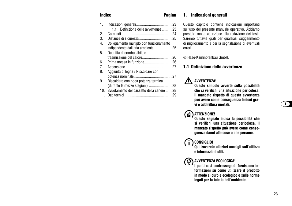 Indicazioni generali, 1 definizione delle avvertenze | Hase Asmara User Manual | Page 23 / 48