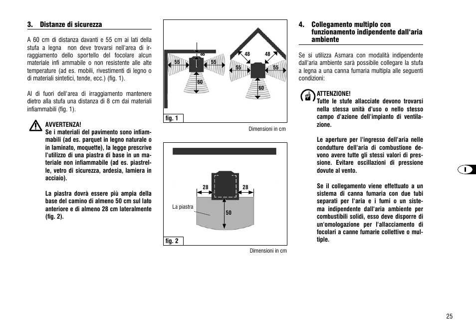Distanze di sicurezza, Collegamento multiplo con, Funzionamento indipendente dall‘aria ambiente | Distanze di sicurezza 4. collegamento multiplo con, Unzionamento, Indipendente dall‘aria ambiente | Hase Asmara User Manual | Page 25 / 48