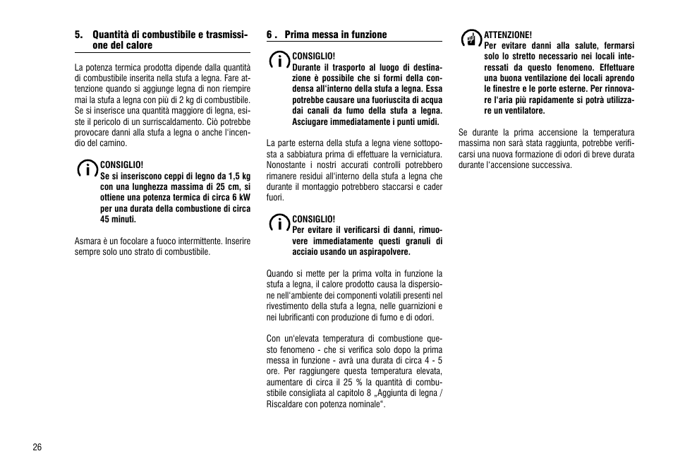 6 . prima messa in funzione, Quantità di combustibile e, Trasmissione del calore | Hase Asmara User Manual | Page 26 / 48