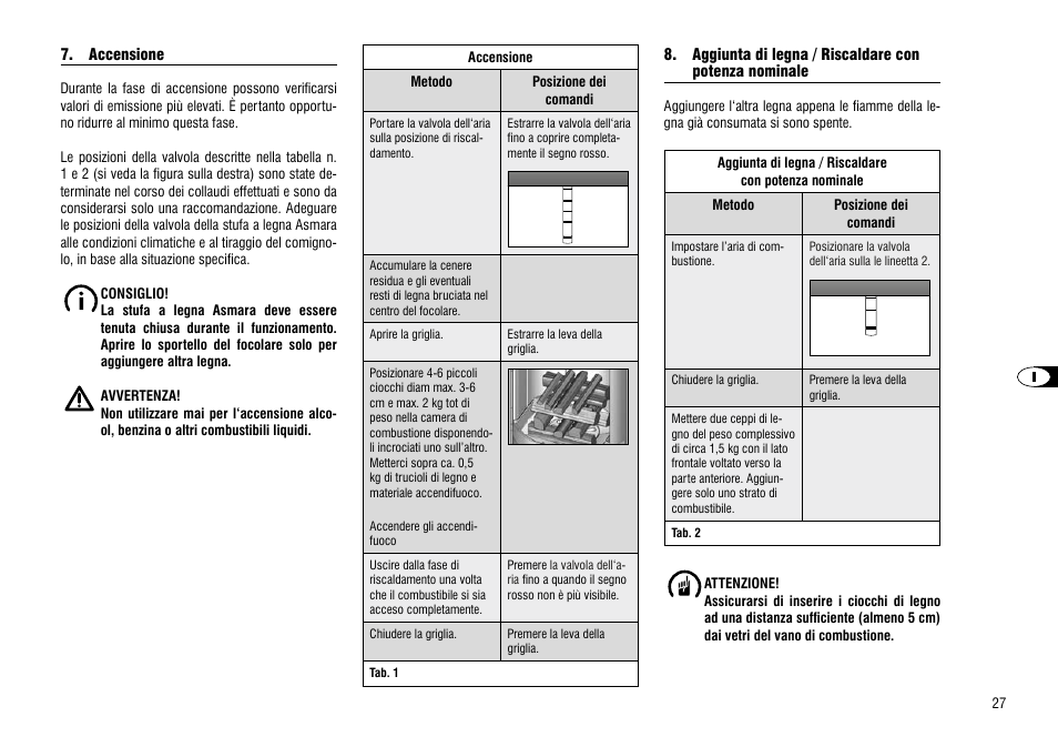 Accensione, Aggiunta di legna / riscaldare con, Potenza nominale | Accensione 8. aggiunta di legna / riscaldare con | Hase Asmara User Manual | Page 27 / 48