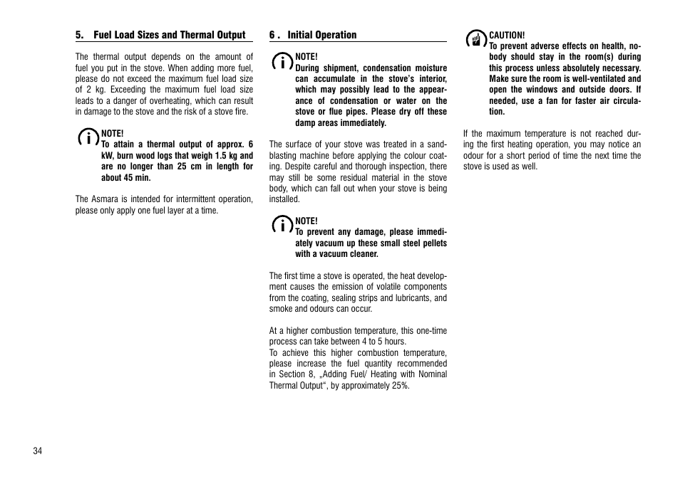 Fuel load sizes and thermal output, 6 . initial operation | Hase Asmara User Manual | Page 34 / 48