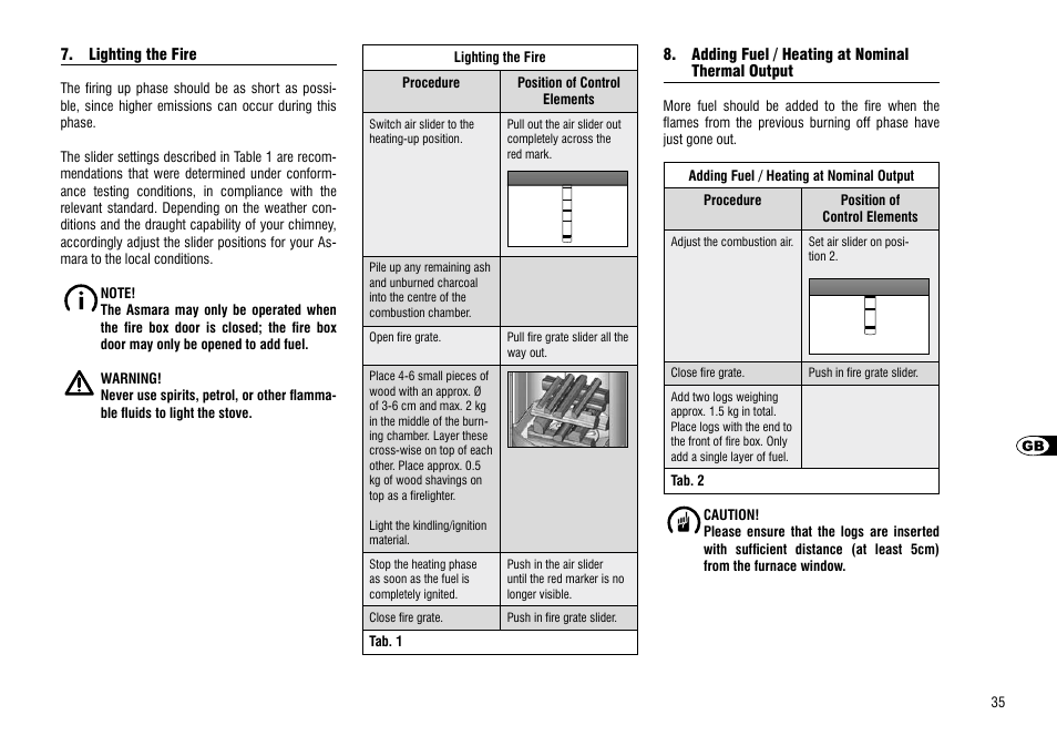 Lighting the fire, Adding fuel / heating at nominal, Thermal output | Hase Asmara User Manual | Page 35 / 48