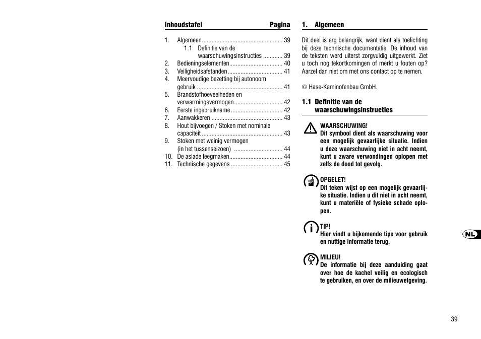 Algemeen, 1 definitie van de, Waarschuwingsinstructies | Hase Asmara User Manual | Page 39 / 48