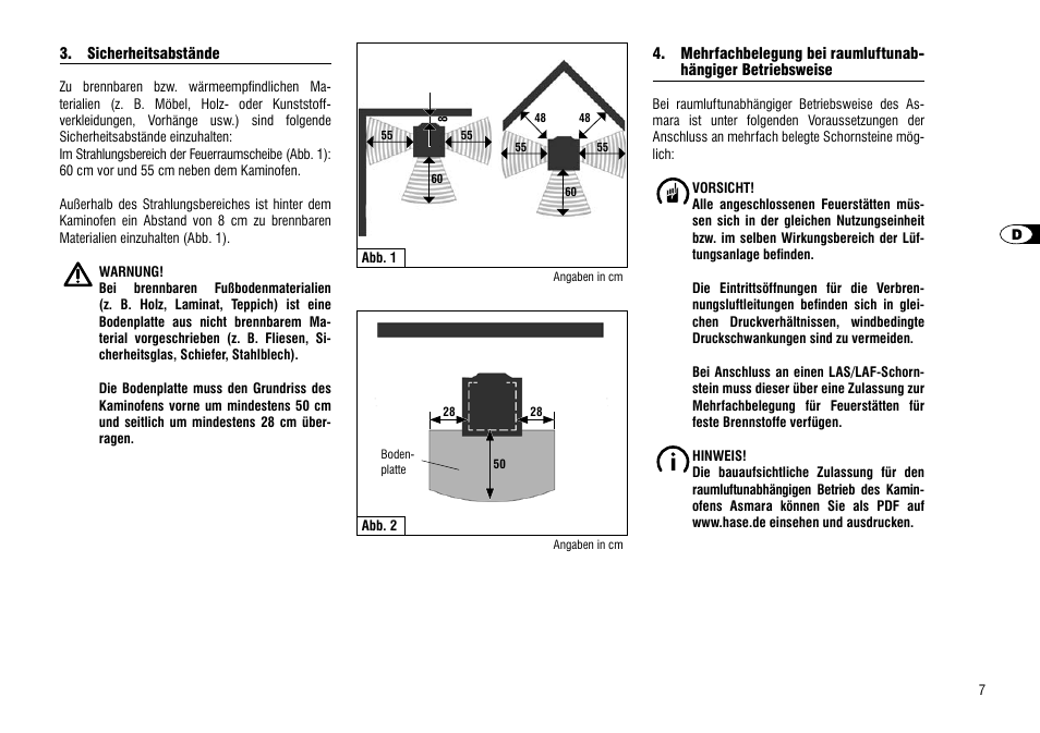 Sicherheitsabstände, Mehrfachbelegung bei raumluftunab, Hängiger betriebsweise | Hase Asmara User Manual | Page 7 / 48