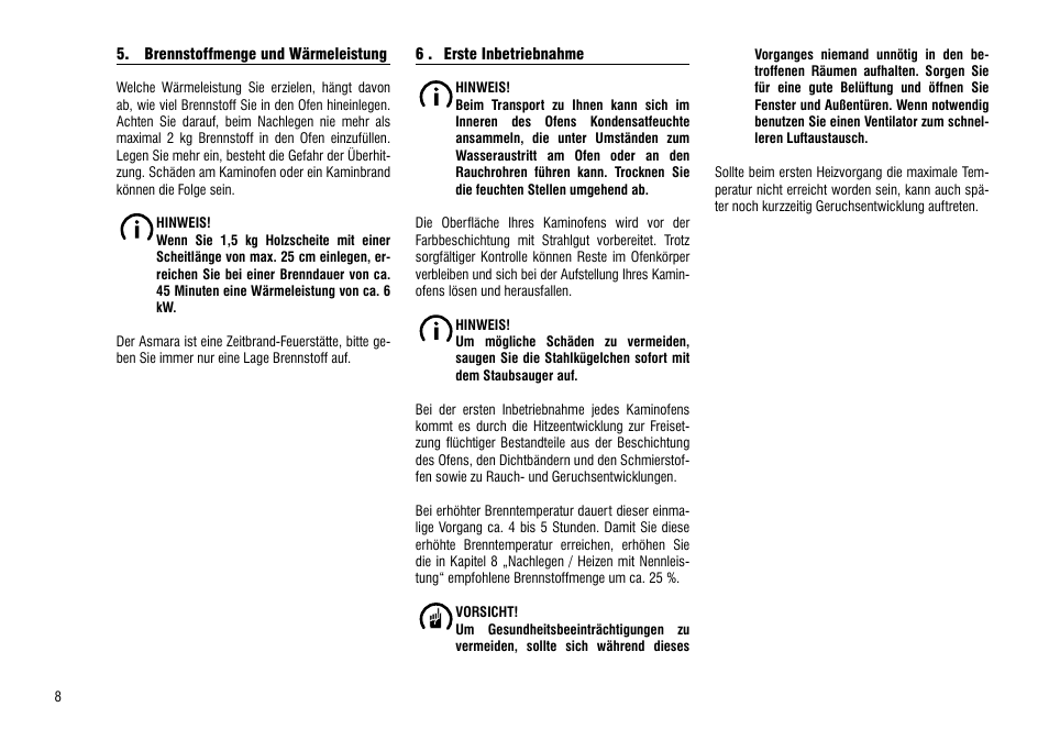 Brennstoffmenge und wärmeleistung, 6 . erste inbetriebnahme | Hase Asmara User Manual | Page 8 / 48