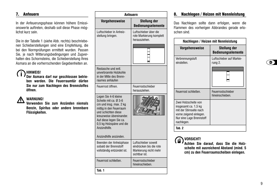 Anfeuern, Nachlegen / heizen mit nennleistung, Anfeuern 8. nachlegen / heizen mit nennleistung | Hase Asmara User Manual | Page 9 / 48