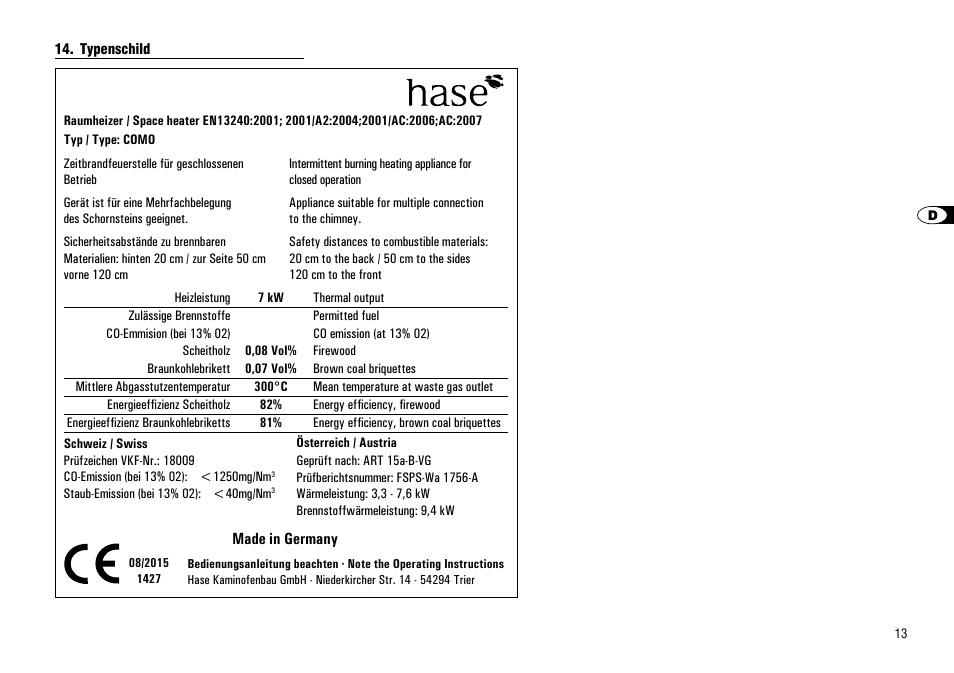 Typenschild | Hase Como User Manual | Page 13 / 48