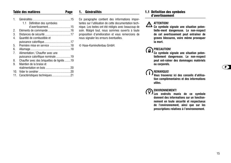 Généralités, 1 définition des symboles, D‘avertissement | Hase Como User Manual | Page 15 / 48