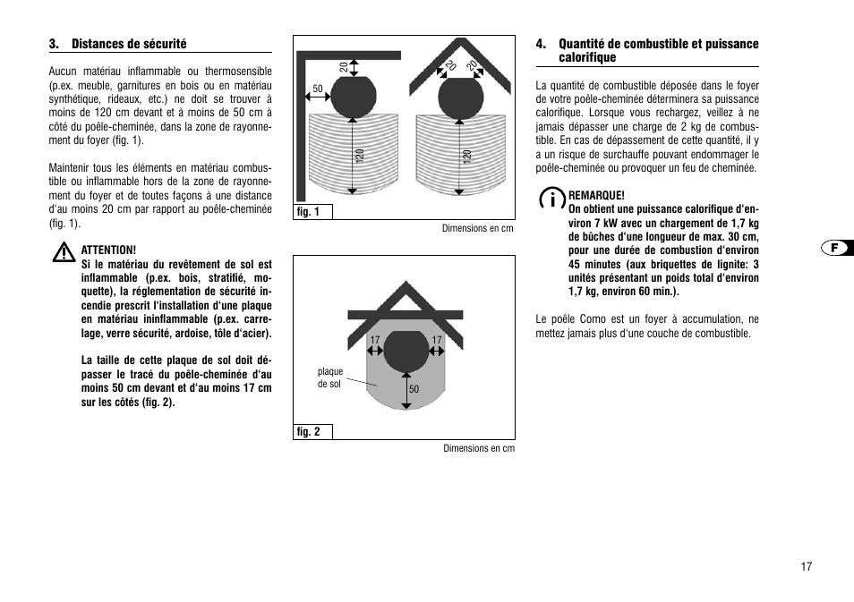 Distances de sécurité, Quantité de combustible et puissance, Calorifique | Hase Como User Manual | Page 17 / 48