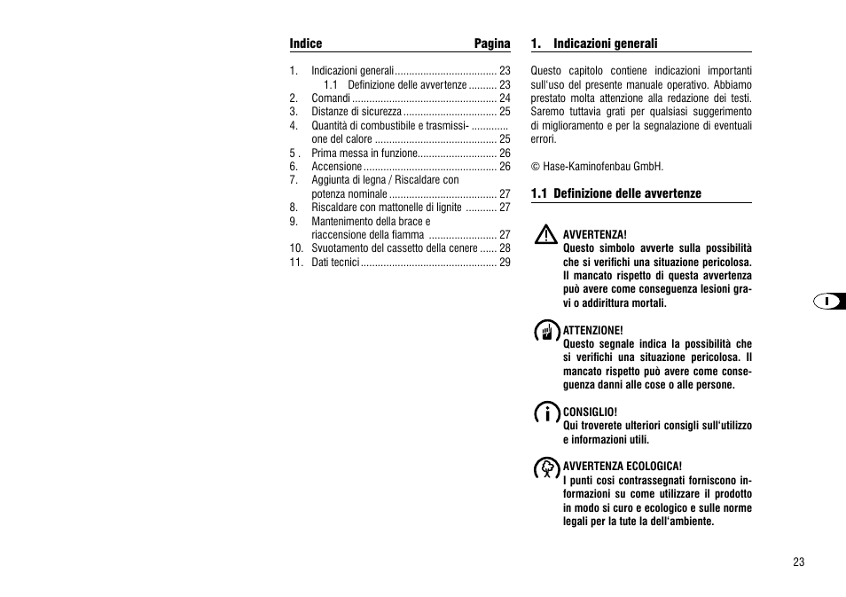 Indicazioni generali, 1 definizione delle avvertenze | Hase Como User Manual | Page 23 / 48